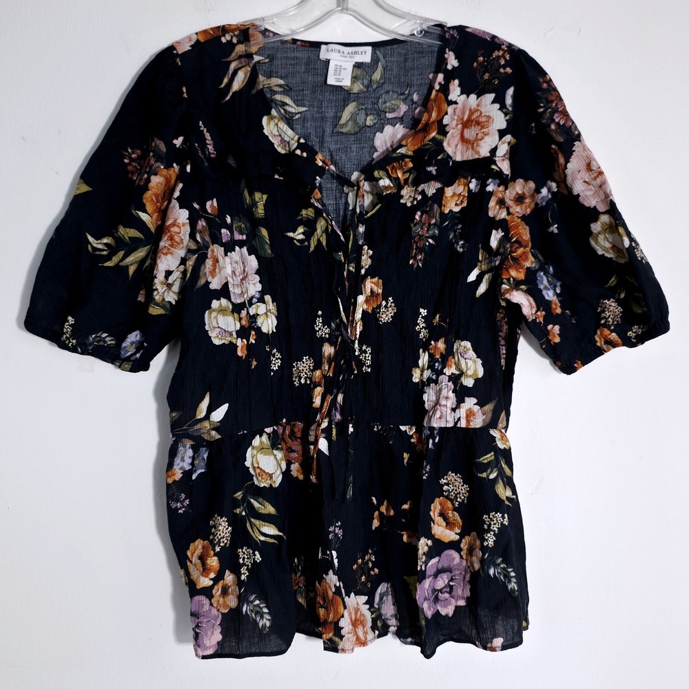 Laura Ashley Crinkled Blouse Womens Size XL Black Floral Peplum Tie Front EUC - Picture 4 of 9